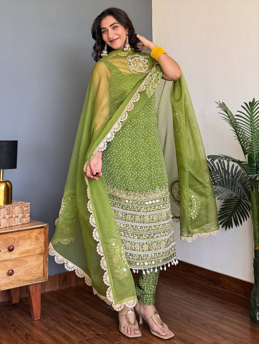 Elegant Green Bandhani Faux Georgette Suit with Pearl Moti & Real Mirror Handwork