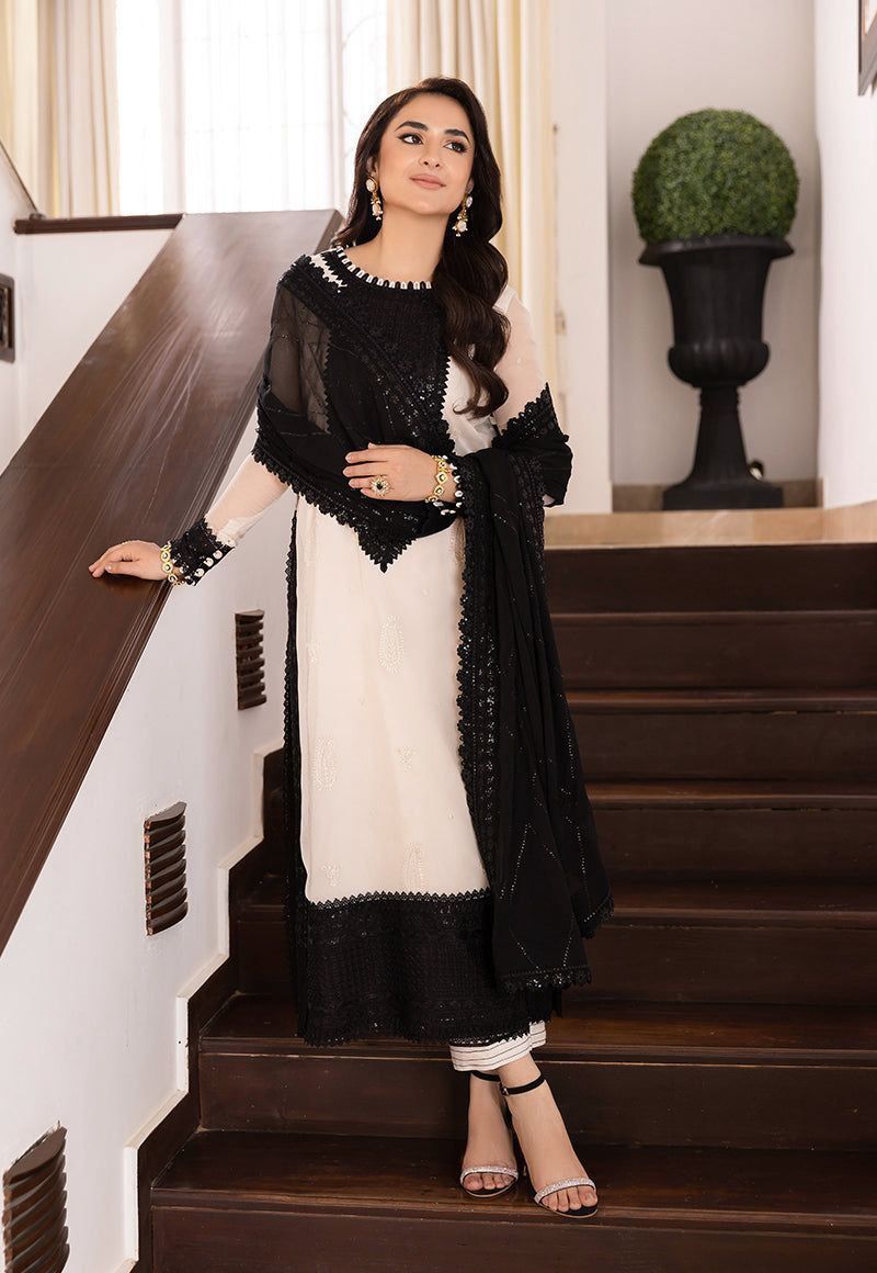 Elegant Embroidered Black & White Designer Kurti Set with Dupatta