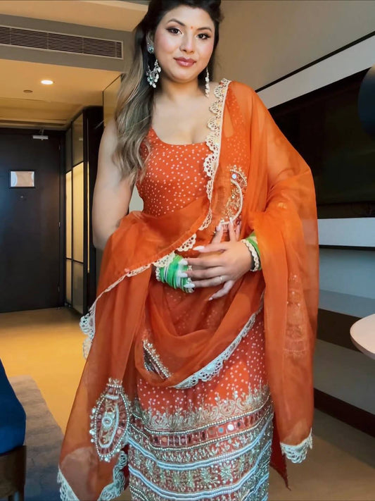 Elegant Orange Georgette Suit with Pearl Moti & Real Mirror Handwork