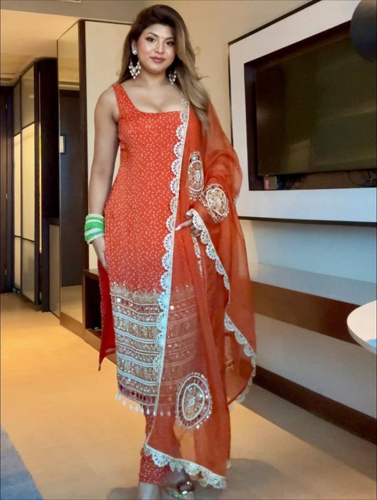 Elegant Orange Georgette Suit with Pearl Moti & Real Mirror Handwork
