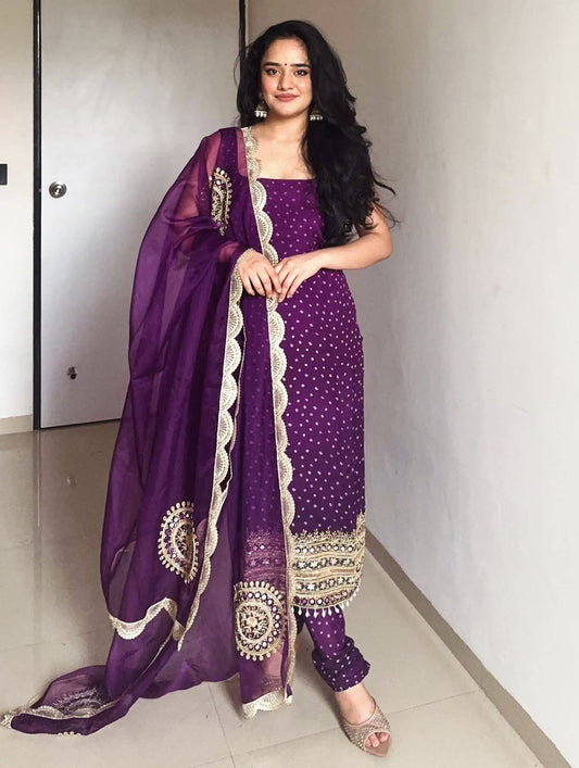 Purple Georgette Suit Set with Pearl Moti & Real Mirror Handwork