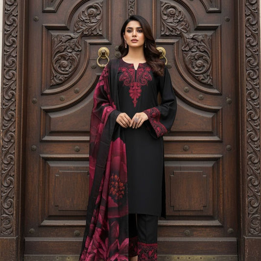 Rayon Cotton Black Embroidered Kurti Pant Set with Printed Organza Dupatta