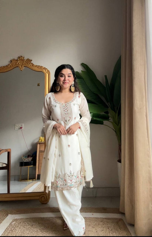 Ivory White Chinnon Embroidered Salwar Suit with Dupatta