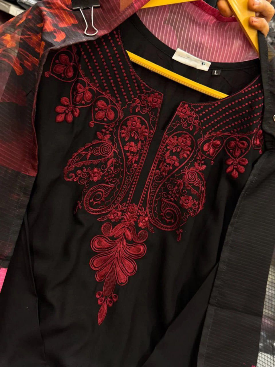 Rayon Cotton Black Embroidered Kurti Pant Set with Printed Organza Dupatta