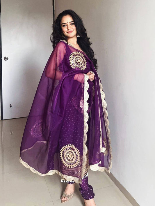 Purple Georgette Suit Set with Pearl Moti & Real Mirror Handwork