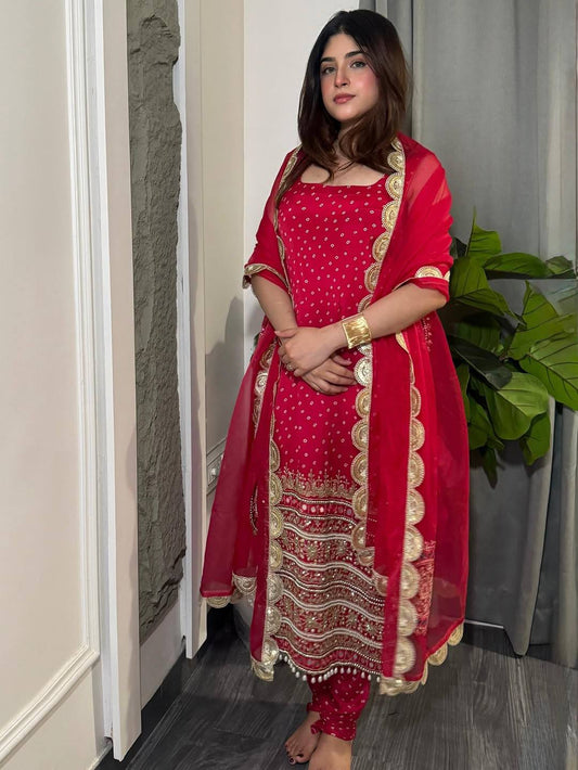 Red Bandhani Faux Georgette Suit with Pearl Moti & Real Mirror Handwork