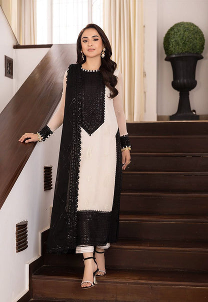 Elegant Embroidered Black & White Designer Kurti Set with Dupatta