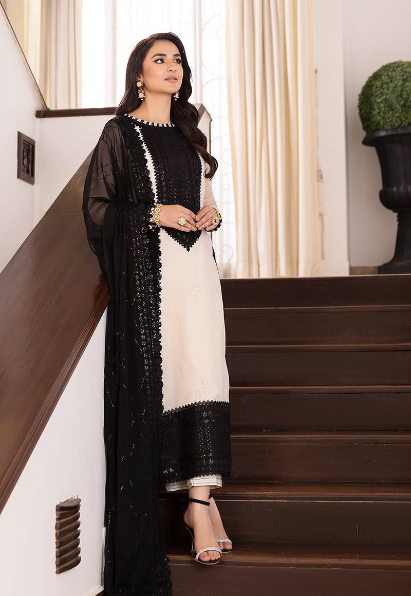 Elegant Embroidered Black & White Designer Kurti Set with Dupatta
