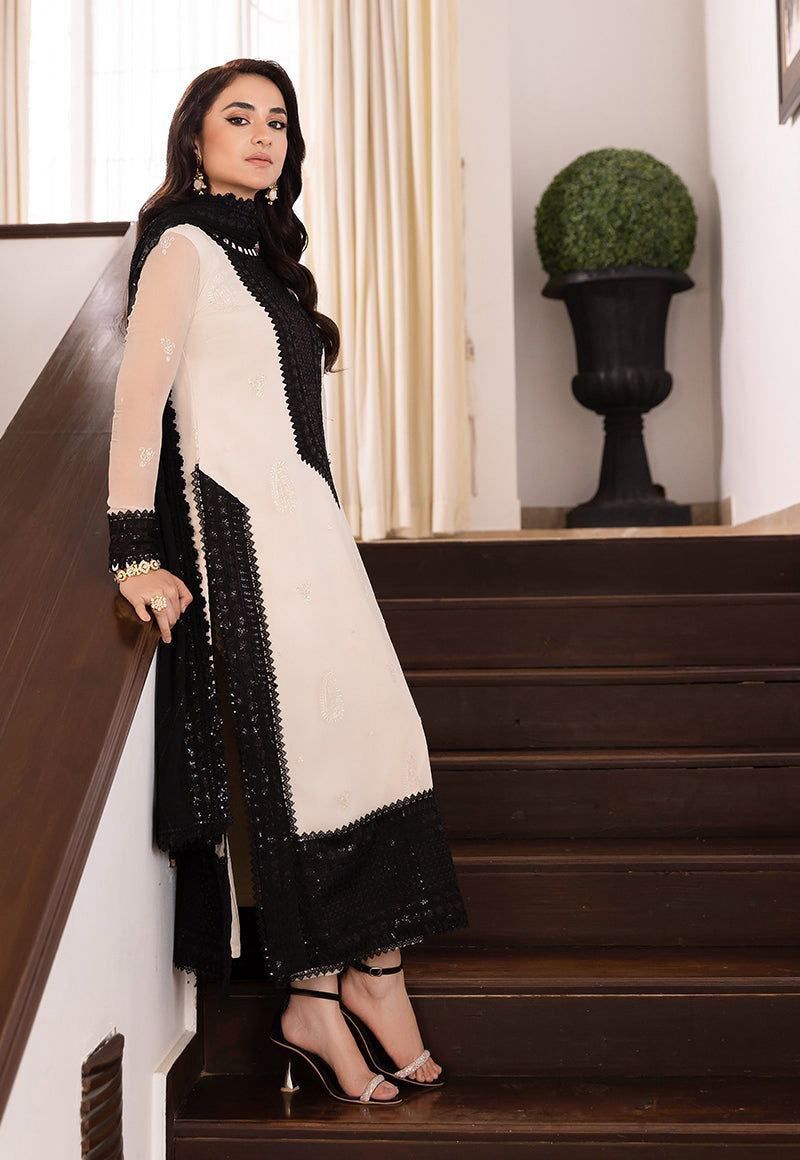 Elegant Embroidered Black & White Designer Kurti Set with Dupatta