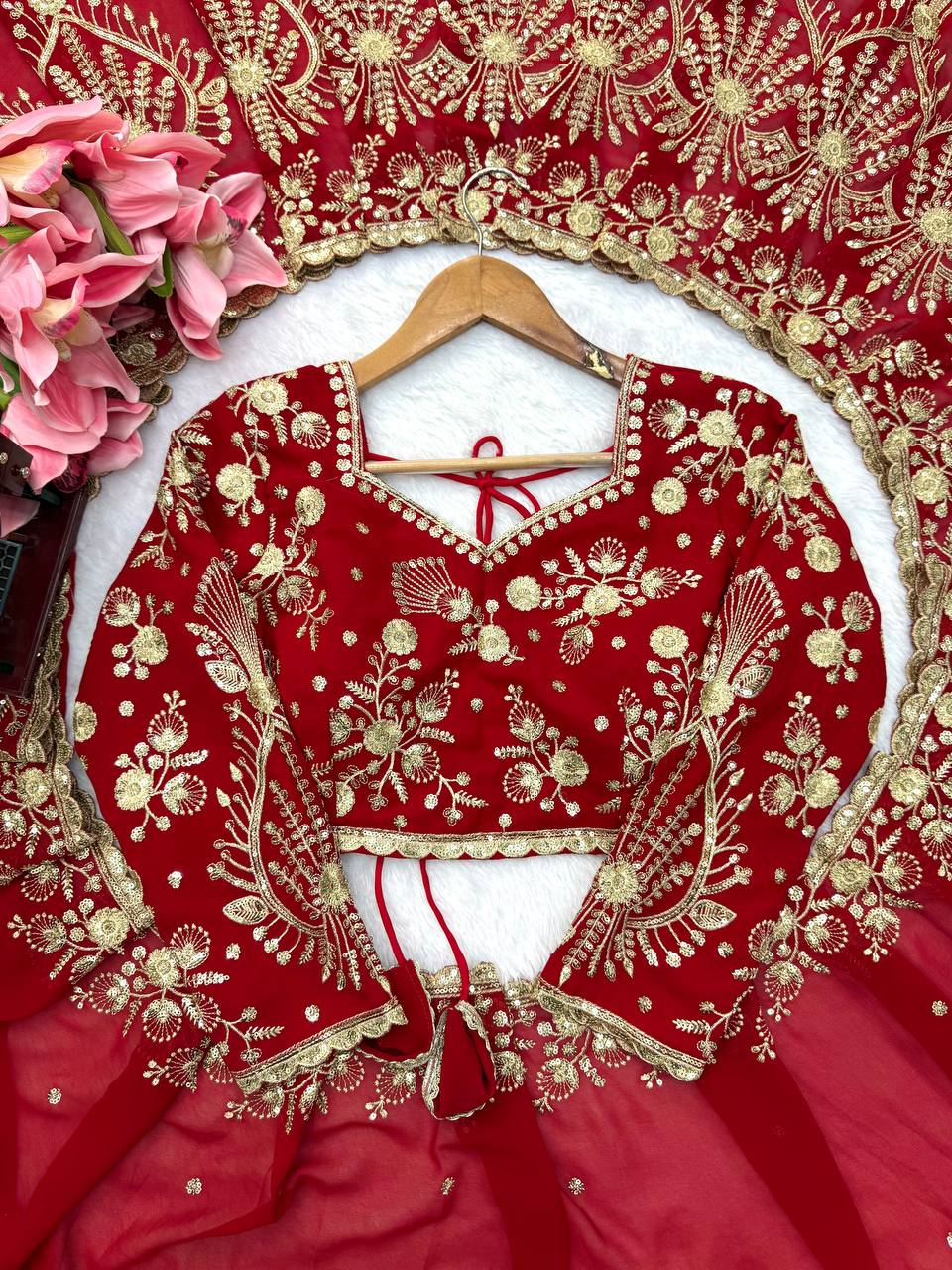 Deep Red Bridal Saree with Heavy Golden Embroidery & Matching Sheer Dupatta