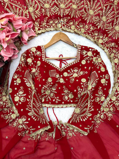 Deep Red Bridal Saree with Heavy Golden Embroidery & Matching Sheer Dupatta