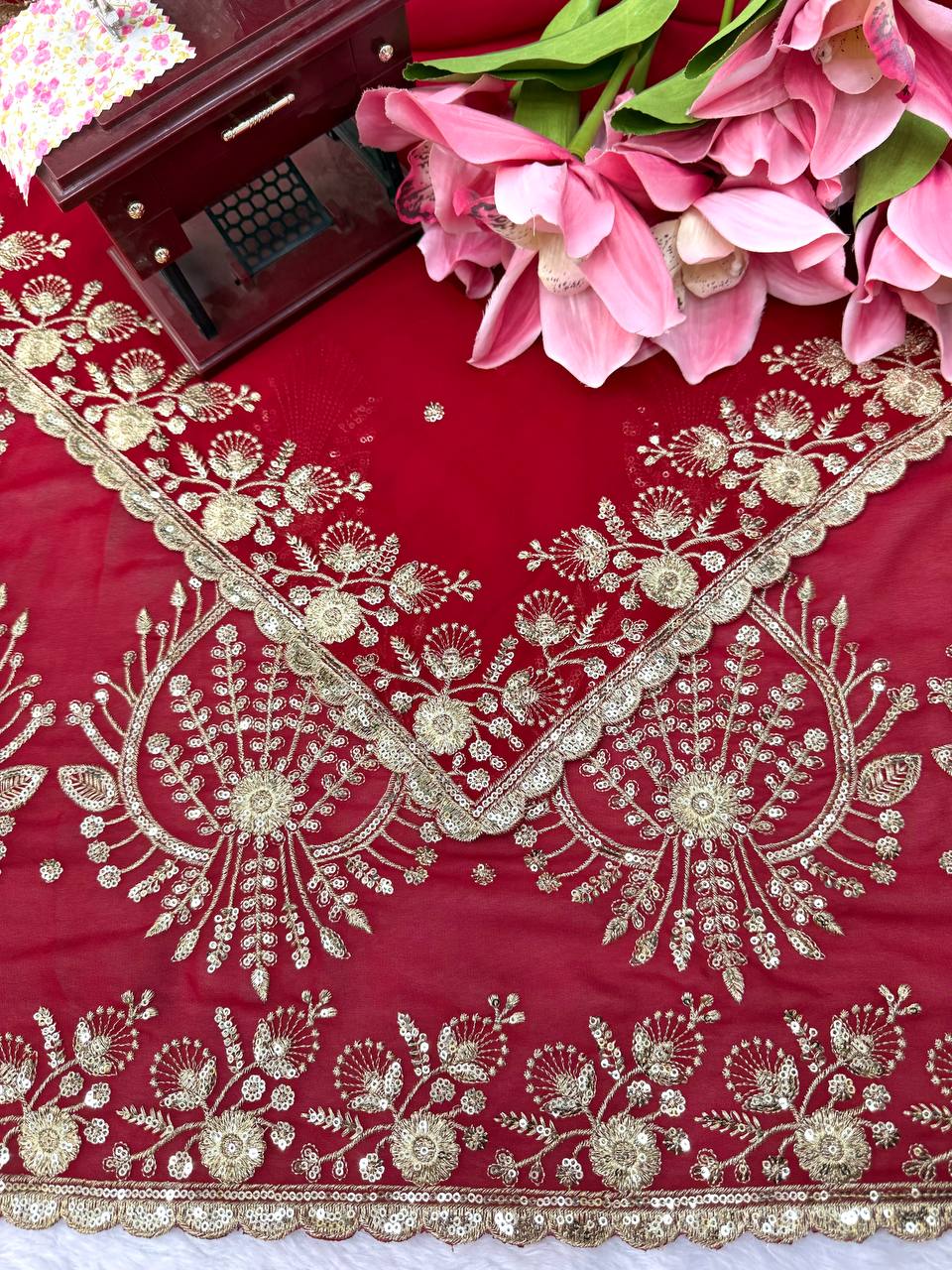 Deep Red Bridal Saree with Heavy Golden Embroidery & Matching Sheer Dupatta
