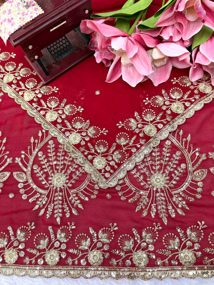 Deep Red Bridal Saree with Heavy Golden Embroidery & Matching Sheer Dupatta