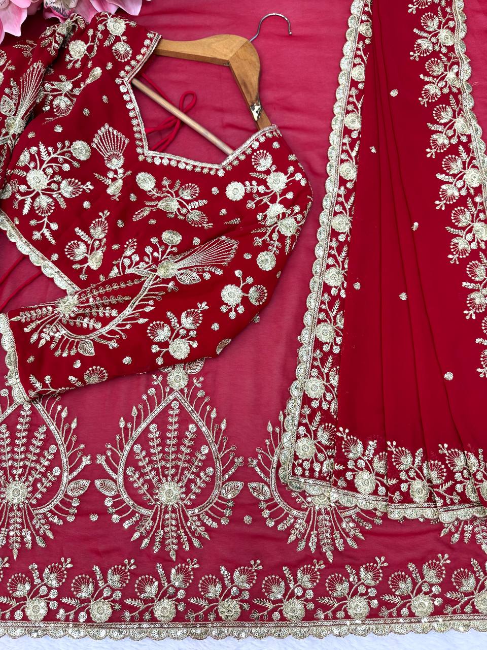 Deep Red Bridal Saree with Heavy Golden Embroidery & Matching Sheer Dupatta