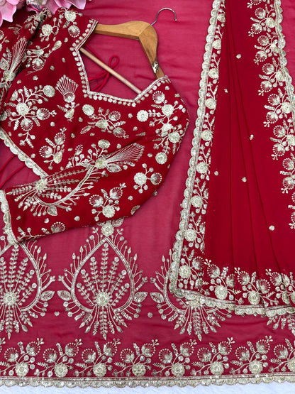 Deep Red Bridal Saree with Heavy Golden Embroidery & Matching Sheer Dupatta