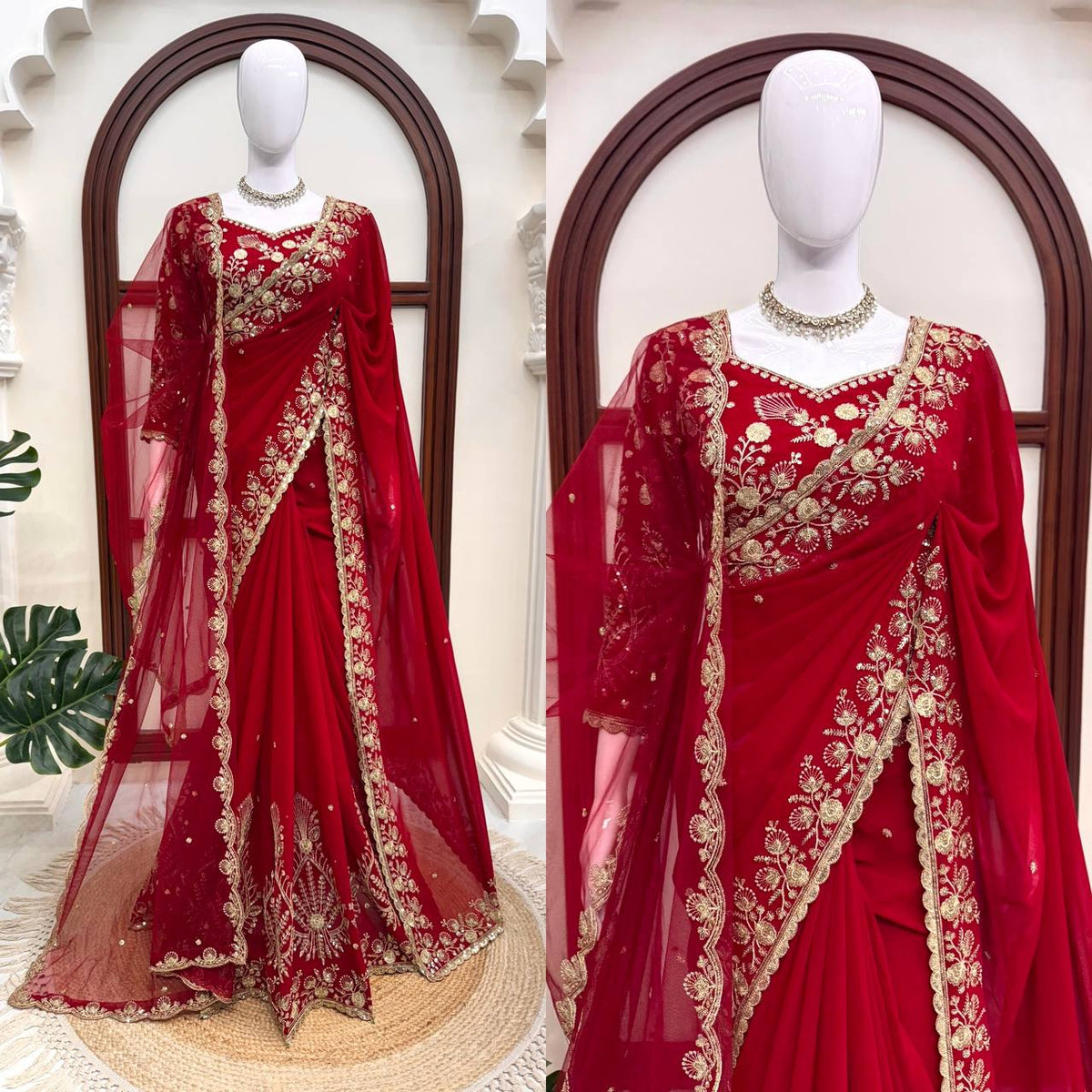 Deep Red Bridal Saree with Heavy Golden Embroidery & Matching Sheer Dupatta