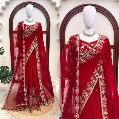 Deep Red Bridal Saree with Heavy Golden Embroidery & Matching Sheer Dupatta