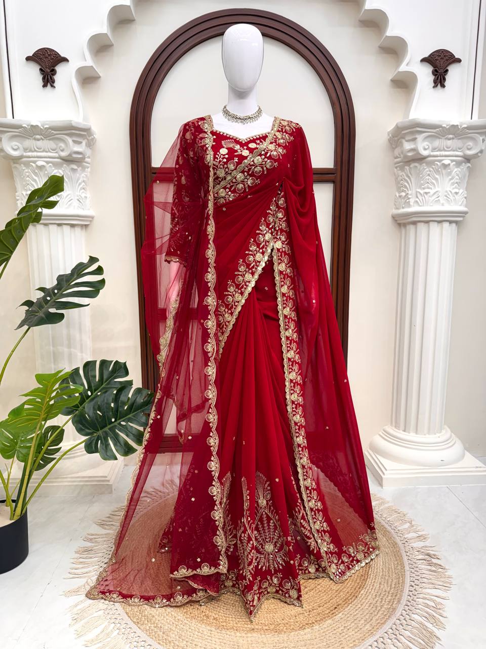 Deep Red Bridal Saree with Heavy Golden Embroidery & Matching Sheer Dupatta