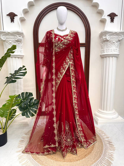 Deep Red Bridal Saree with Heavy Golden Embroidery & Matching Sheer Dupatta