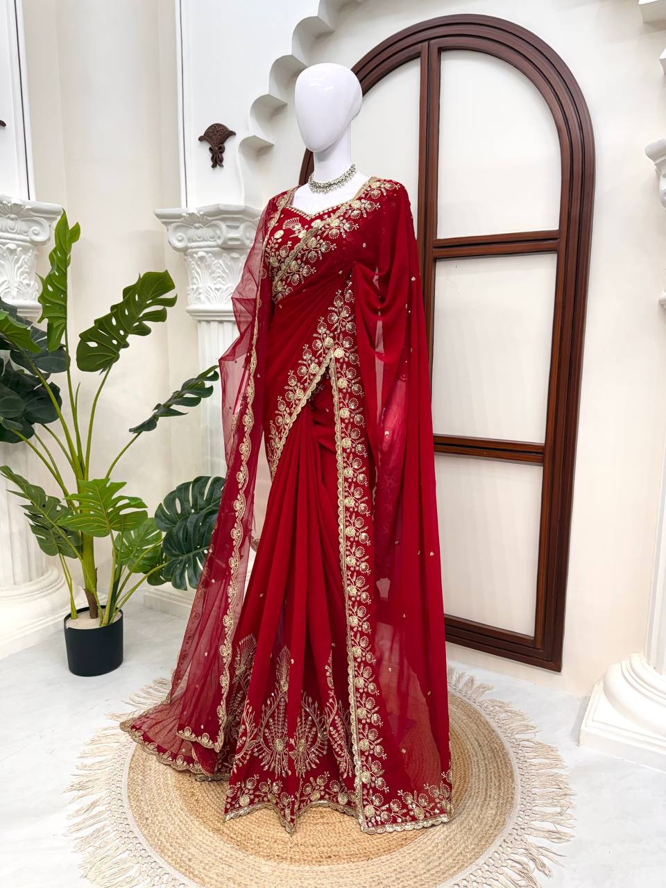 Deep Red Bridal Saree with Heavy Golden Embroidery & Matching Sheer Dupatta