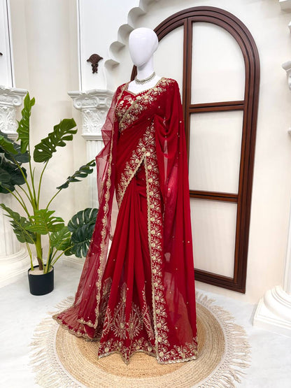 Deep Red Bridal Saree with Heavy Golden Embroidery & Matching Sheer Dupatta