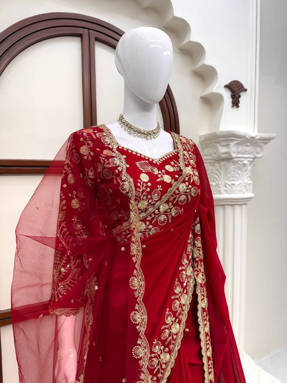 Deep Red Bridal Saree with Heavy Golden Embroidery & Matching Sheer Dupatta