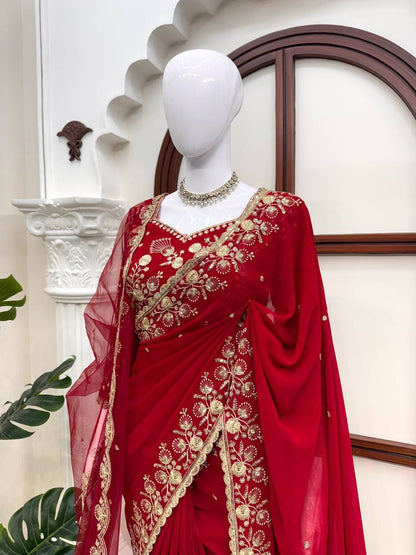 Deep Red Bridal Saree with Heavy Golden Embroidery & Matching Sheer Dupatta