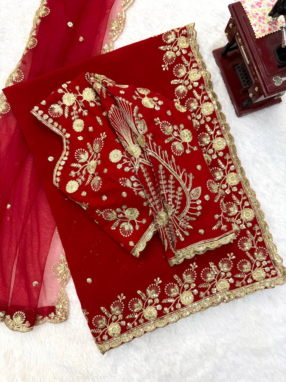 Deep Red Bridal Saree with Heavy Golden Embroidery & Matching Sheer Dupatta