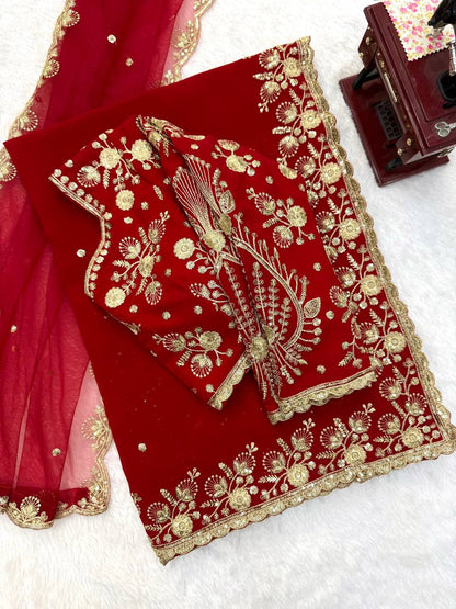 Deep Red Bridal Saree with Heavy Golden Embroidery & Matching Sheer Dupatta