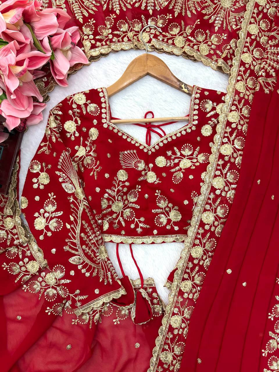 Deep Red Bridal Saree with Heavy Golden Embroidery & Matching Sheer Dupatta