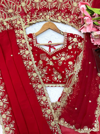 Deep Red Bridal Saree with Heavy Golden Embroidery & Matching Sheer Dupatta