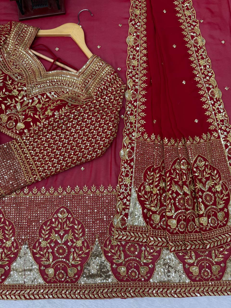 Deep Red Bridal Saree with Heavy Golden Floral Embroidery & Matching Sheer Veil