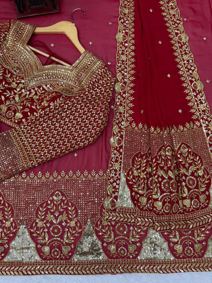 Deep Red Bridal Saree with Heavy Golden Floral Embroidery & Matching Sheer Veil