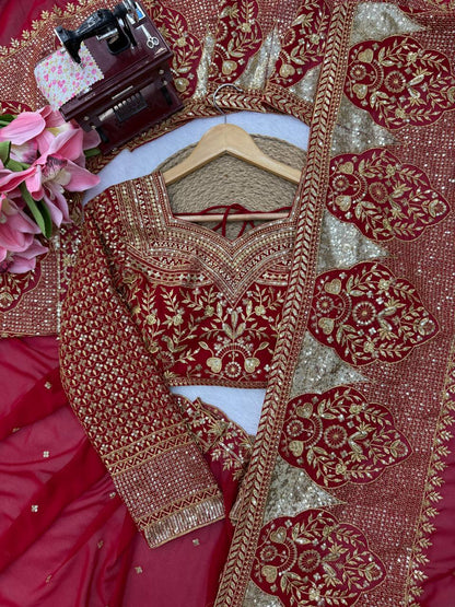 Deep Red Bridal Saree with Heavy Golden Floral Embroidery & Matching Sheer Veil