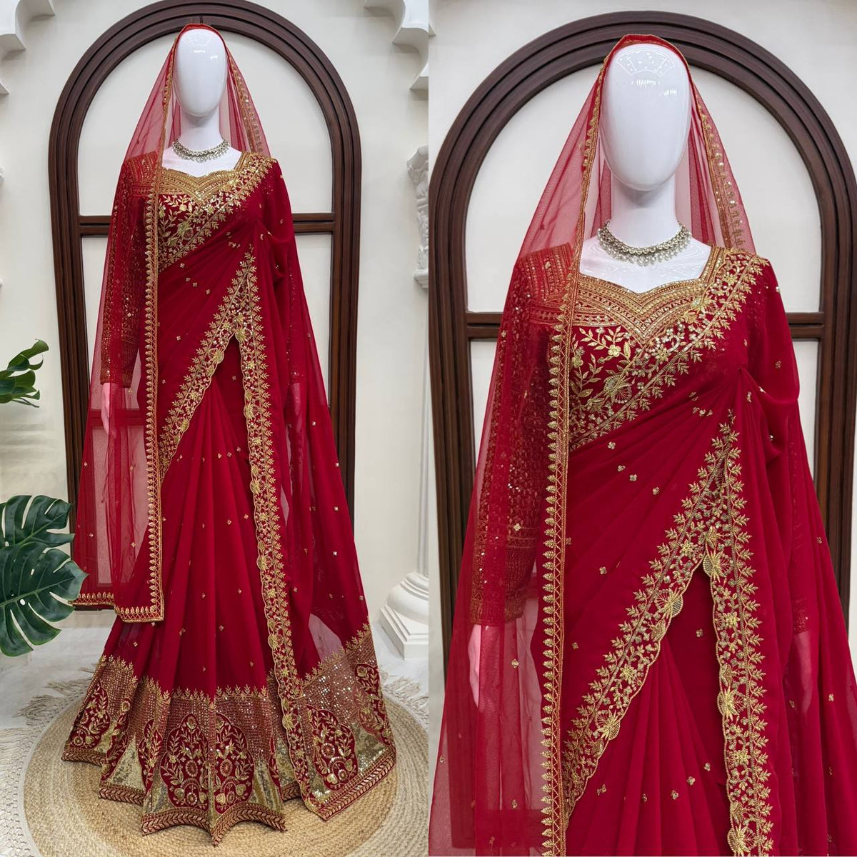Deep Red Bridal Saree with Heavy Golden Floral Embroidery & Matching Sheer Veil