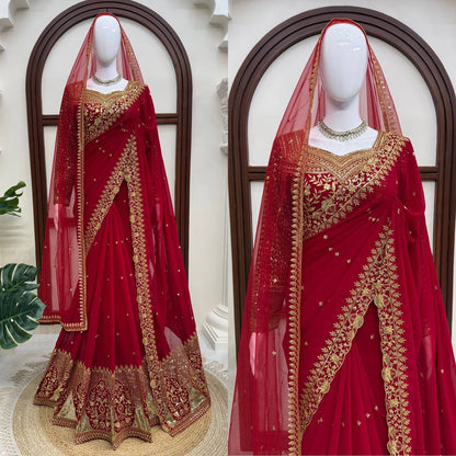 Deep Red Bridal Saree with Heavy Golden Floral Embroidery & Matching Sheer Veil