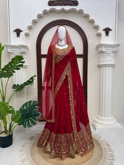 Deep Red Bridal Saree with Heavy Golden Floral Embroidery & Matching Sheer Veil