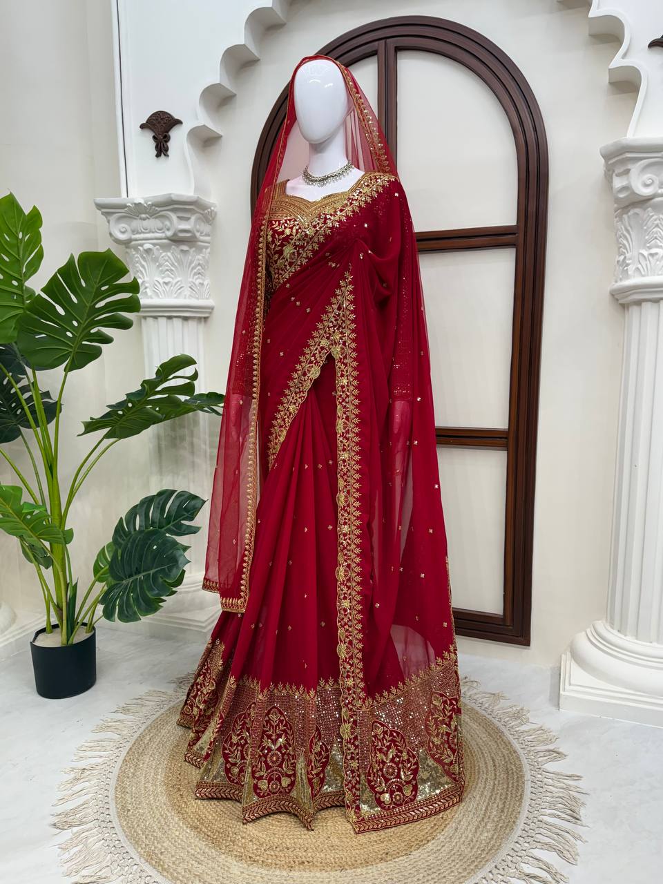 Deep Red Bridal Saree with Heavy Golden Floral Embroidery & Matching Sheer Veil