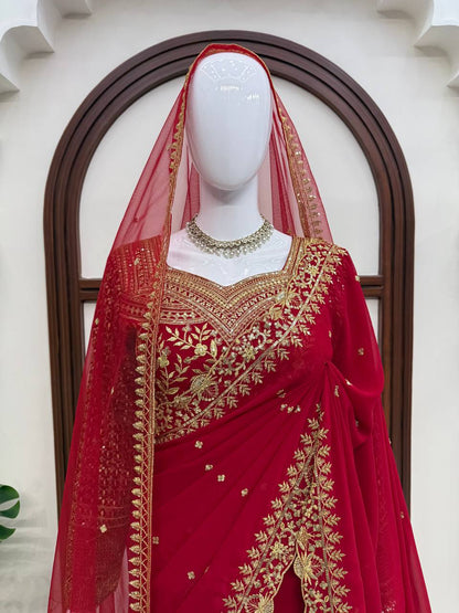 Deep Red Bridal Saree with Heavy Golden Floral Embroidery & Matching Sheer Veil