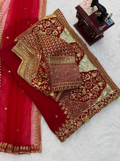 Deep Red Bridal Saree with Heavy Golden Floral Embroidery & Matching Sheer Veil