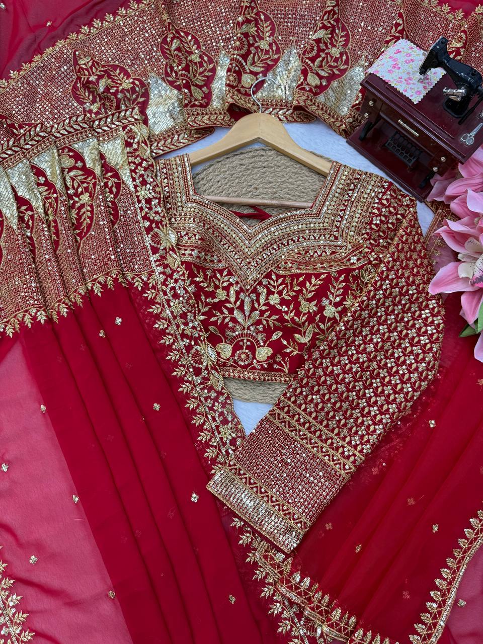 Deep Red Bridal Saree with Heavy Golden Floral Embroidery & Matching Sheer Veil