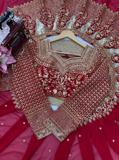 Deep Red Bridal Saree with Heavy Golden Floral Embroidery & Matching Sheer Veil