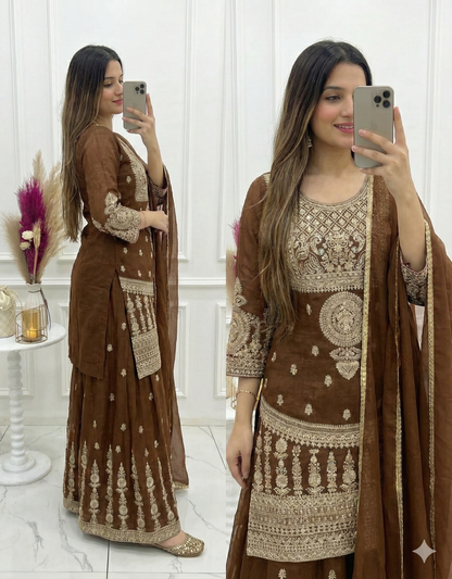 Brown Embroidered Sharara Suit Set with Dupatta for Wedding & Festive Wear