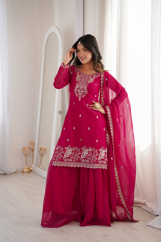 Rani Pink Crunchy Silk Sharara Suit with Multicolor Embroidery & Lace Dupatta