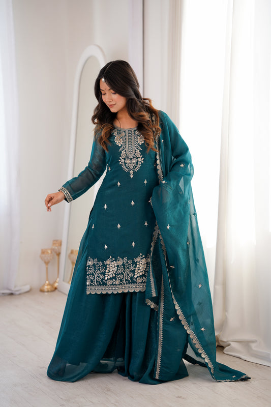 Teal Blue Crunchy Silk Sharara Suit with Multicolor Embroidery & Lace Dupatta