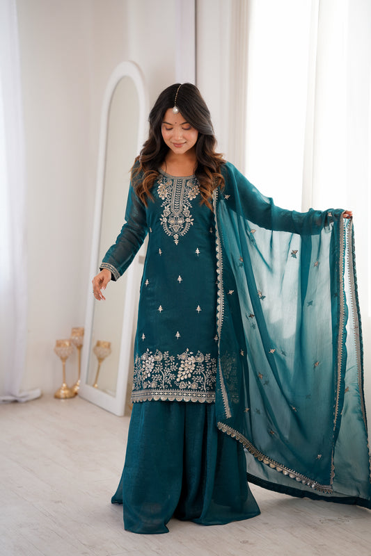 Teal Blue Crunchy Silk Sharara Suit with Multicolor Embroidery & Lace Dupatta