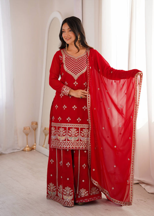 Red Pure Georgette Sharara Suit with Heavy Embroidery, Zari & Sequin Work Dupatta