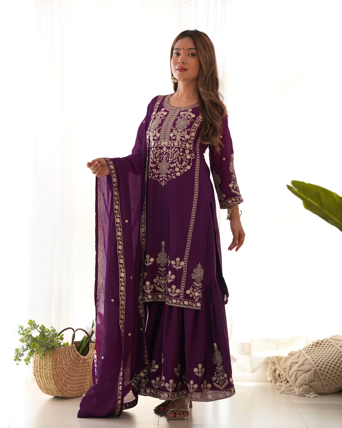 Wine Purple Chinon Silk Embroidered Kurti Sharara Set with Dupatta
