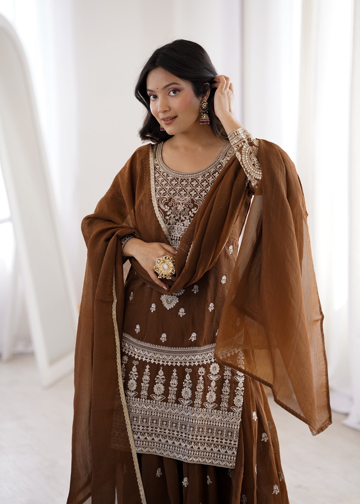 Brown Embroidered Sharara Suit Set with Dupatta for Wedding & Festive Wear