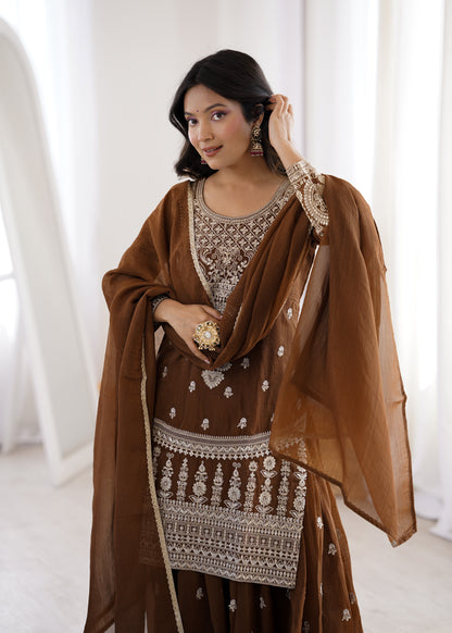 Brown Embroidered Sharara Suit Set with Dupatta for Wedding & Festive Wear